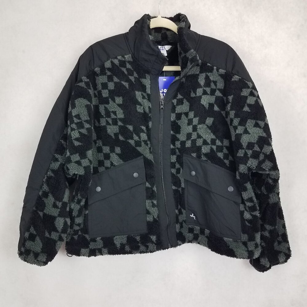 NWT Joy Lab Fleece Jacket Oversized Loose Fit Black Gray Geo Print Teddy L Large